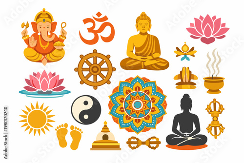 Comprehensive Collection of Hindu and Buddhist Spiritual Symbols Featuring Lord Ganesha, Om, Lotus Flowers, Dharma Wheel, Buddha, Yin Yang, Mandala, Sun, Footprints, Stupa, and Incense Burner Icons