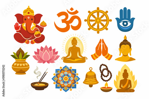 Set of Hindu and Buddhist Spiritual Symbols Featuring Lord Ganesha, Om Sign, Dharma Wheel, Lotus Flower, Meditating Buddha, Hamsa Hand, Mandala, Kalash, Prayer Beads, and Traditional Ritual Icons