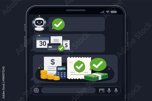 Dark mode mobile phone chat interface featuring an AI support chatbot confirming successful financial payments with icons for receipts, credit cards, calendar, calculator, coins, and cash stacks.