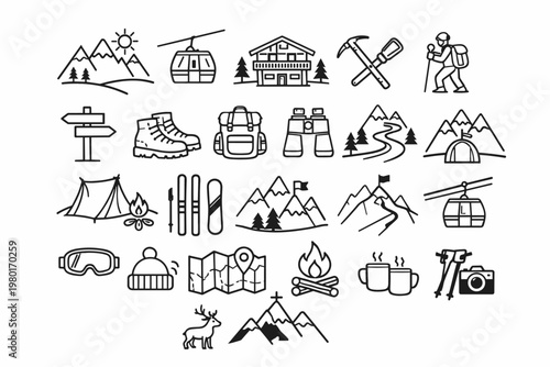 Alpine Mountain Tourism and Winter Sports Line Icon Set Featuring Hiking Gear, Camping Equipment, Skiing Accessories, Gondola, Chalet, Map, and Outdoor Adventure Elements for Travel Design.