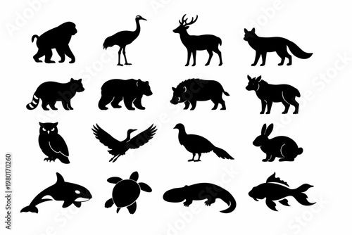 Japanese Wildlife Black Silhouette Icon Set Featuring Macaque Monkey, Red-crowned Crane, Sika Deer, Fox, Tanuki, Bear, Wild Boar, Serow, Owl, Pheasant, Rabbit, Orca, Sea Turtle, Giant Salamander, and