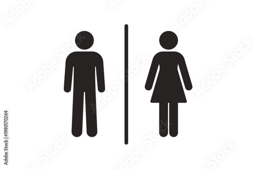 Restroom signs for men and women. Black and white toilet symbols for bathroom doors. Minimalist flat vector illustration of male and female icons separated by a line for public washroom facilities.