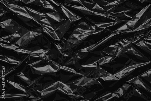 Black crumpled plastic bag texture background material, simple flat vector illustration of wrinkled dark polyethylene film surface with shiny highlights and shadows for graphic design projects.