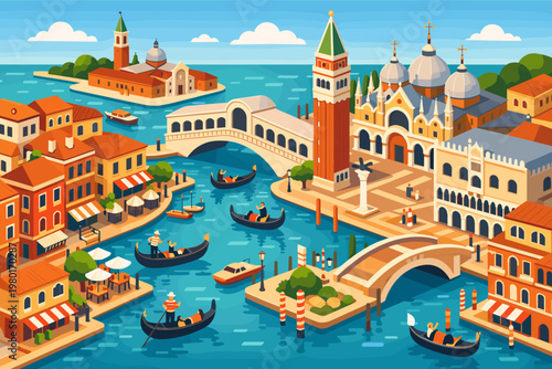 Charming Isometric Vector Illustration of Venice Italy Featuring Iconic Landmarks Like Rialto Bridge St Marks Square Campanile and Basilica with Gondolas Navigating the Scenic Grand Canal Water