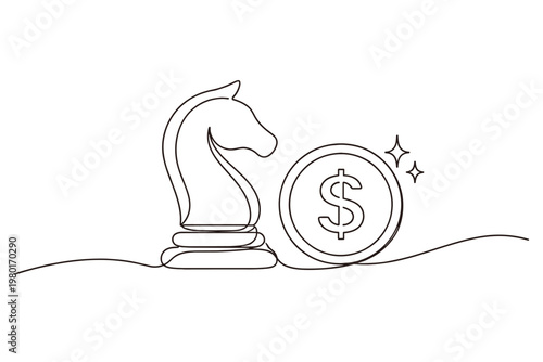 Continuous Line Drawing of a Chess Knight Piece and a Dollar Coin Symbolizing Strategic Investment, Business Strategy, Financial Planning, and Wealth Management in a Minimalist Vector Style.