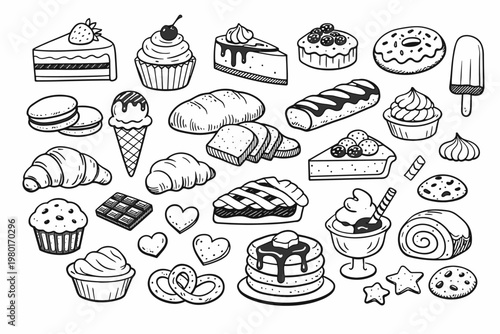 Hand-drawn vector illustration of various desserts and bakery items including cakes, cupcakes, donuts, ice cream, bread, cookies, and pastries in a simple black and white doodle sketch style.
