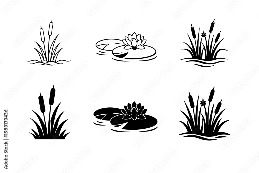 Obraz premium Set of black aquatic plant icons featuring cattails, bulrushes, lily pads with lotus flowers, and marsh vegetation in minimalist outline and solid silhouette styles for nature, pond, and lake design.