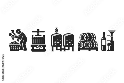 Set of Black Winemaking Process Icons Illustrating the Stages of Wine Production from Grape Harvesting and Pressing to Fermentation, Aging in Oak Barrels, and Final Bottling and Serving