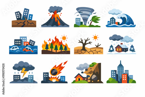 Set of Flat Vector Icons Depicting Natural Disasters and Urban Environments Including Earthquake, Volcanic Eruption, Tornado, Tsunami, Flood, Wildfire, Drought, Blizzard, Meteor, and Landslide