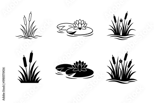 Set of black aquatic plant icons featuring cattails, bulrushes, lily pads with lotus flowers, and marsh vegetation in minimalist outline and solid silhouette styles for nature, pond, and lake design.
