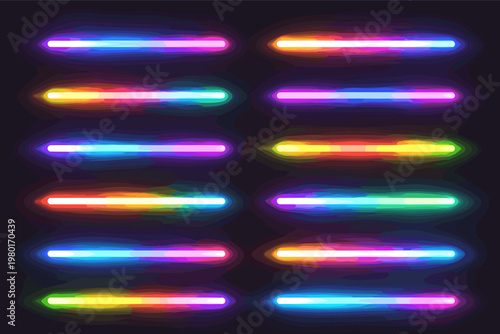 Shining Gradient Neon Tube Lamp Set, Iridescent LED Light Line Beam Collection, Bright Luminous Fluorescent Glowing Bars for Futuristic Cyberpunk Design, Colorful Electric Energy Stripes Vector