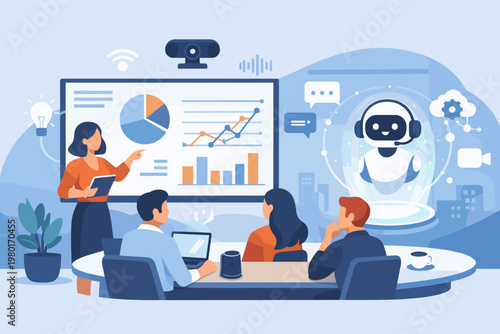 Business Meeting with AI Assistant Vector Illustration. Professional Team Analyzing Data on Screen with Artificial Intelligence Robot Help in a Smart Office Environment for Future Technology.