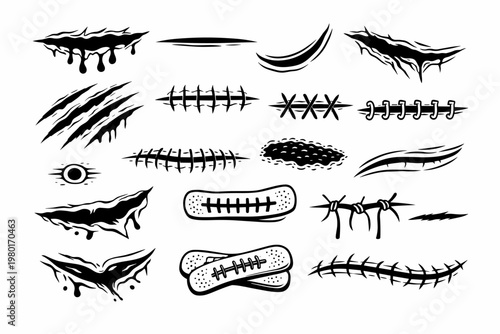 Stylized Monochrome Vector Set of Various Skin Lacerations, Surgical Stitches, Claw Marks, and Healing Wounds. Graphic Elements for Tattoo Design, Horror Art, Medical Illustration, and Scars.