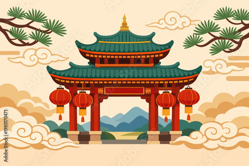 Traditional Chinese Pagoda Gate with Red Lanterns, Pine Branches, and Oriental Cloud Patterns. Flat Vector Illustration of Asian Architecture with Mountains and Decorative Elements for Design.