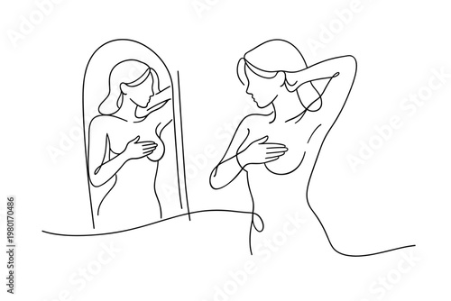 Continuous One Line Drawing of a Woman Performing Breast Self-Examination in Front of a Mirror, Minimalist Vector Illustration for Breast Cancer Awareness, Health, and Early Detection Prevention