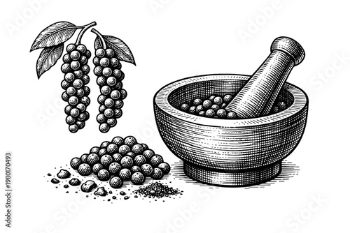 Vintage engraving of black peppercorns on a branch and a wooden mortar with pestle for culinary design. Hand-drawn woodcut style illustration of peppercorns and ground spice for kitchen decor.