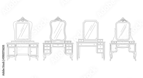 A collection of four ornate vintage dressing tables with mirrors displayed in a linear arrangement