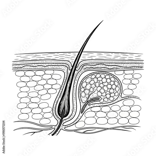 Cross-section illustration of human skin showing hair follicle and sebaceous gland
