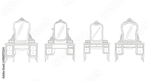 A collection of four ornate vintage dressing tables with mirrors and detailed carvings shown in line art