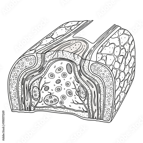 Anatomy of skin cross-section showing layers and cellular structures Epidermis, Dermis, and Hypodermis