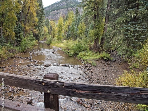 View of Wolf Creeek from the small wooden bridge in Colorado