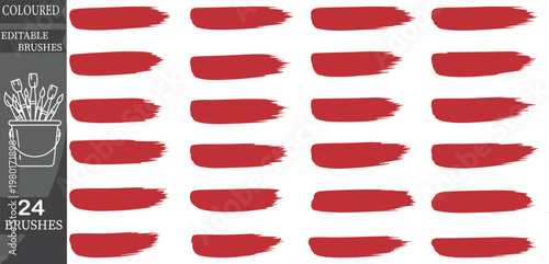 Editable red lipstick icons, colored makeup brushes, 24 vector graphics