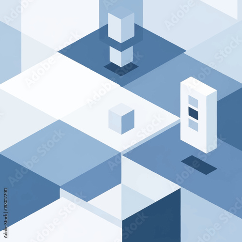 Abstract geometric shapes in cool blue tones with isometric perspective.