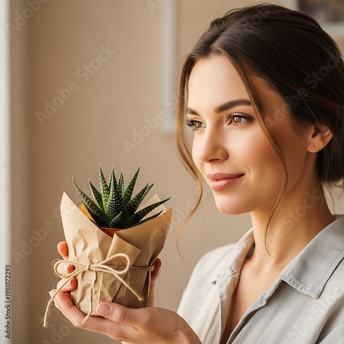 Young woman holding a small potted succulent plant wrapped in brown paper and tied with twine looking away window light succulent decoration wrapping lifestyle