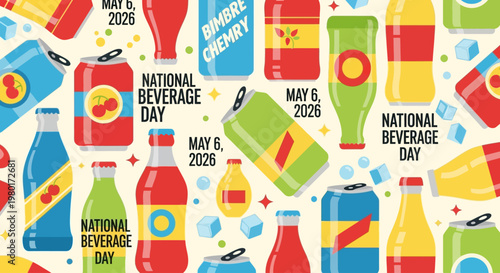 National Beverage Day celebration set with colorful drink bottles and cans isolated on background