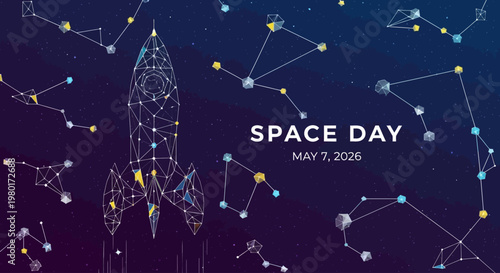 Space Day celebration poster with Big Ben and network nodes isolated on background
