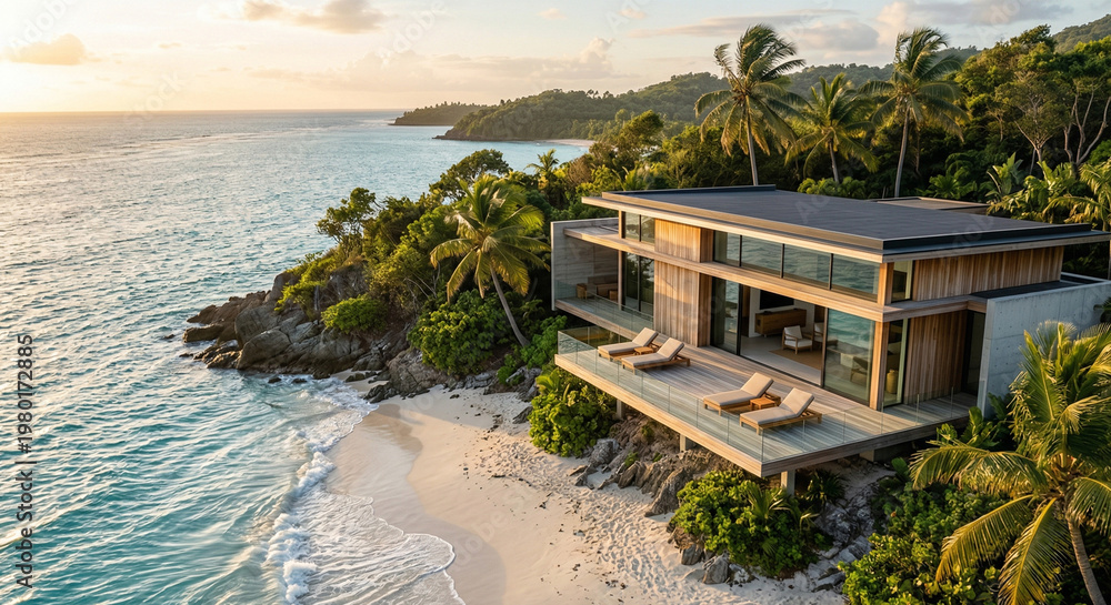 Fototapeta premium Modern Beach House with Turquoise Ocean Drone View