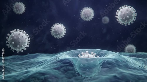 Cinematic 3D macro animation of a virus pathogen infecting and penetrating a human cell membrane