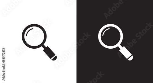 A split image displaying a magnifying glass icon in both black on white and white on black