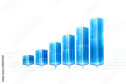 Abstract 3D vector illustration of rising blue glass blocks representing scalable digital systems, artificial intelligence architecture, big data growth, business success, and financial progress