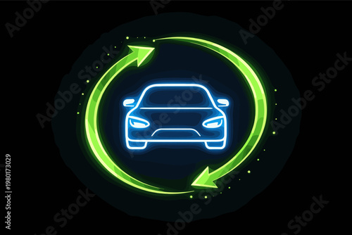 Neon Blue Car Icon with Green Circular Arrows Symbolizing Sustainable Transportation, Electric Vehicle Recycling, Eco-Friendly Mobility, and Circular Economy Solutions on a Black Background Vector