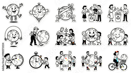 illustration set of people protecting the earth and recycling for environment
