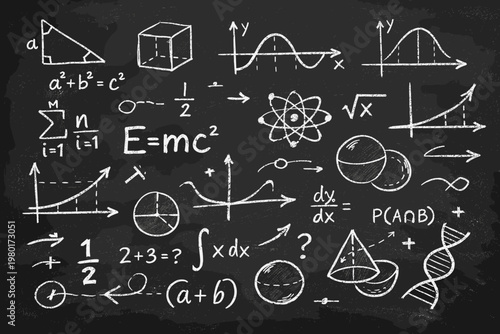 Classic Black Chalkboard Texture with Hand Drawn Mathematical Equations, Physics Formulas, Geometry Shapes, and Scientific Diagrams for Back to School Education and Academic Learning Background
