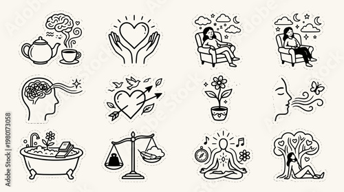 vector illustration set of mental health wellness and self care icons