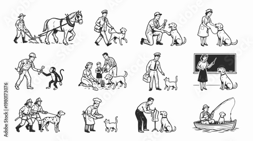vector illustration set of people with animals in different jobs and activities
