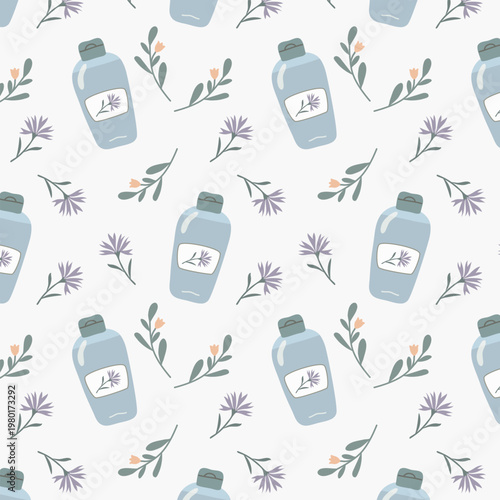 Seamless pattern with natural cosmetic bottles featuring cornflower extract and herbal elements. Minimalist botanical background for organic beauty packaging design in hand drawn naive vector style.