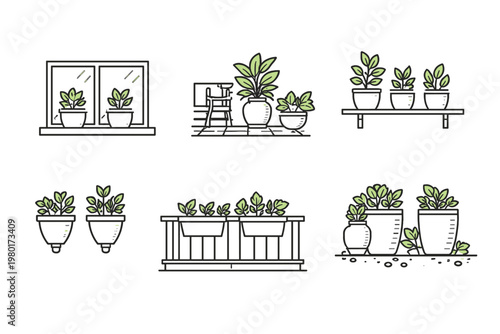 Minimalist vector illustration of plant pot placement options: window sill, patio floor, wall shelf, hanging wall pots, balcony railing planters, and garden clusters for home decor and gardening.
