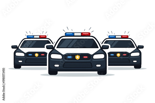Vector Illustration of a Police Car Fleet with Three Patrol Vehicles Isolated on White Background, Front View of Law Enforcement Emergency Response Units with Flashing Red and Blue Siren Lights