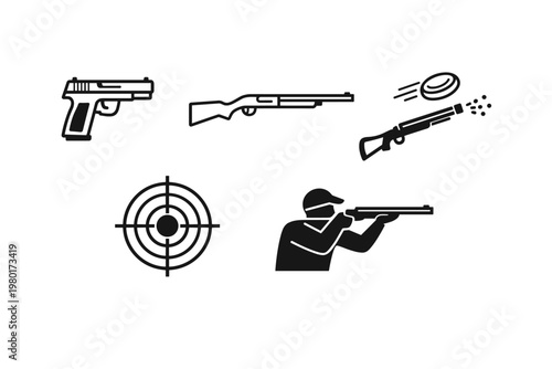 Collection of black line icons for shooting sports and firearm activities, featuring a pistol, rifle, shotgun, target bullseye, and a marksman silhouette aiming a gun for hunting and competition.