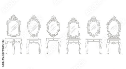 A collection of six ornate vintage style dressing table mirrors with decorative frames and stands