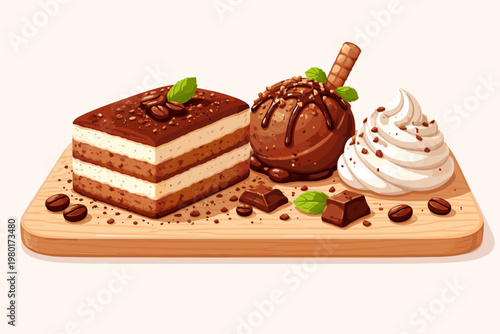 Tiramisu Cake Slice with Chocolate Ice Cream Scoop, Whipped Cream, Coffee Beans, and Mint Leaves on a Wooden Board. Simple Flat Vector Illustration for Dessert Menu, Bakery, and Cafe Branding.