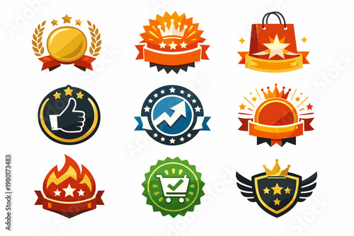 Set of premium quality badges, best seller logos, and award seals with crowns, stars, ribbons, shopping carts, and thumbs up icons. Flat vector illustration for marketing and retail branding.