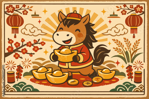 Vintage Chinese New Year poster with cute horse character holding gold sycee. Retro festive design featuring lanterns, plum blossoms, fireworks, and gold coins for prosperity and good fortune.