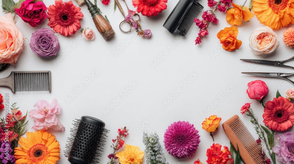 Obraz Modern Salon Setup With Tools and Flowers for Social Media Display Showcasing Styling Creativity