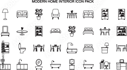 Modern Home Interior Outline Icon Set – Furniture and Decor Minimal Line Vector Pack