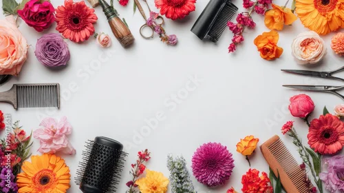 Obraz Modern Salon Setup With Tools and Flowers for Social Media Display Showcasing Styling Creativity